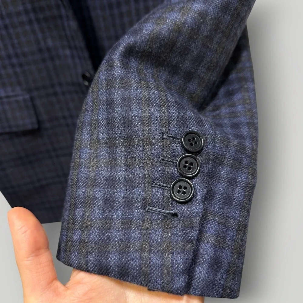 Kiton 100% Cashmere Sport‎ Coat Mens 42R Blue Grey Plaid Blazer Italy Boyd's